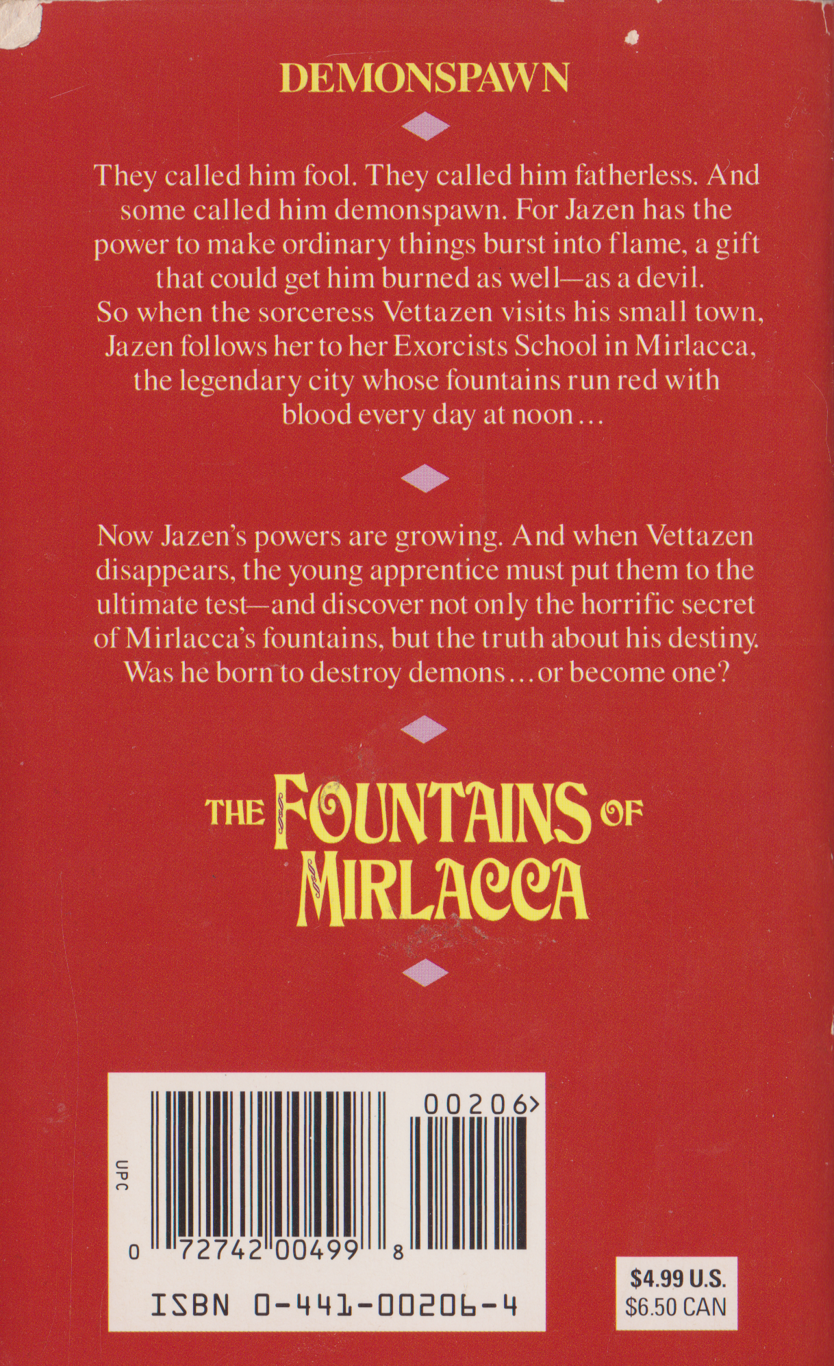 Back cover of The Fountains of Mirlacca, showing its misleading plot description